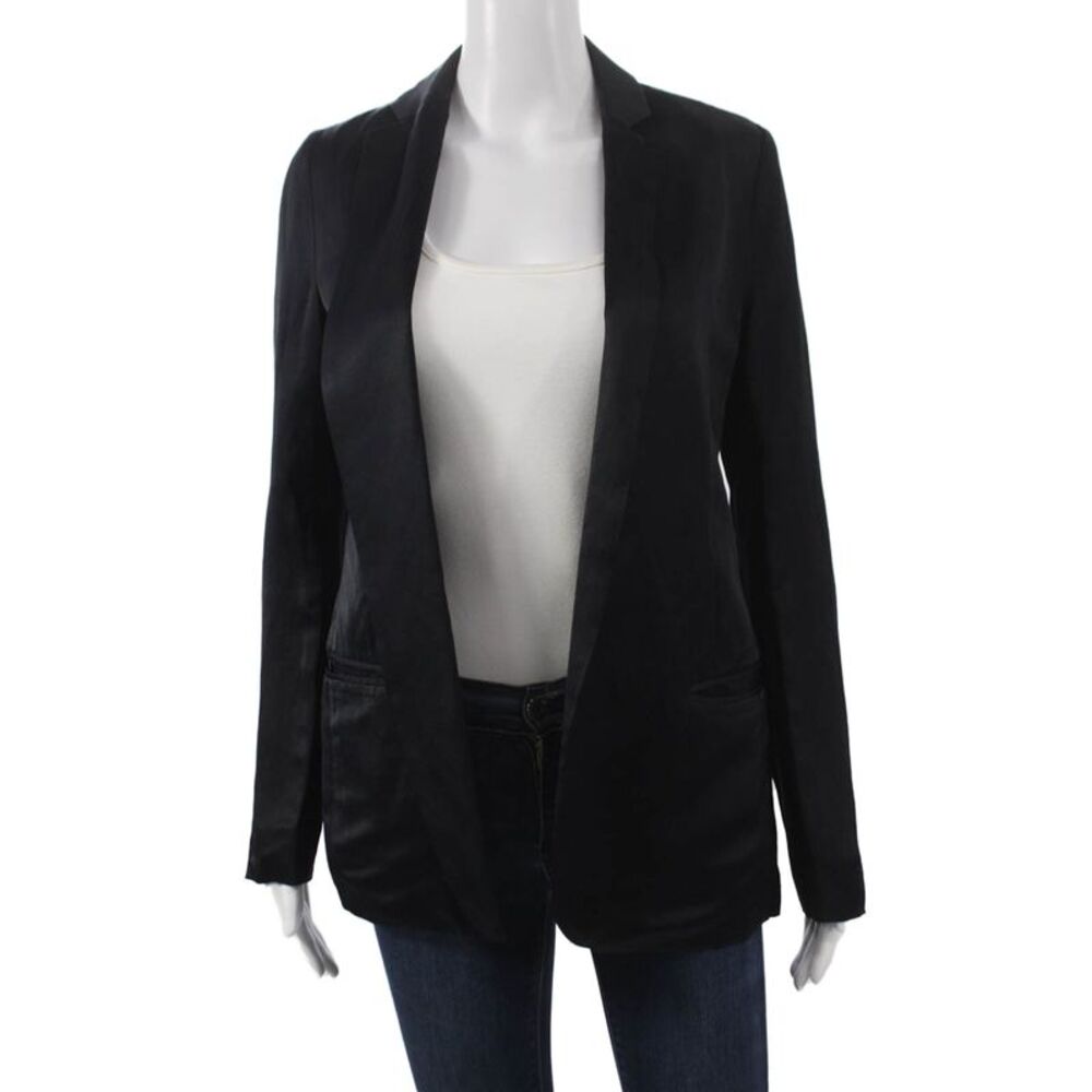 Not Available Women Black Blazer 76% Viscose 24% Linen Long Sleeve Size 0